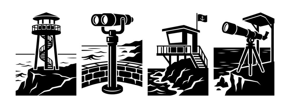 Set of black and white vector illustrations featuring coastal observation points and maritime viewing equipment in a minimalist graphic style
