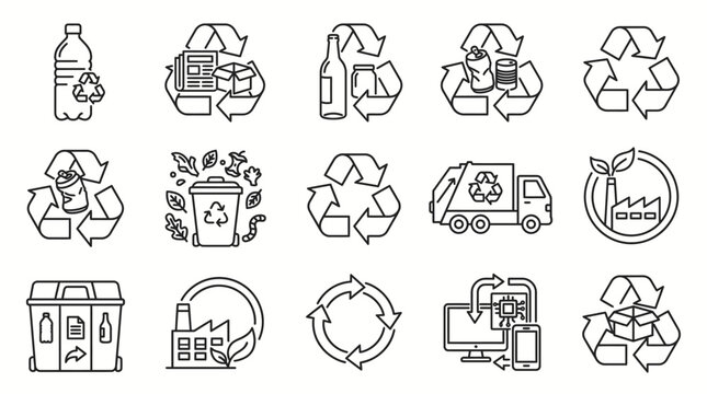 Collection of recycling and sustainability icons, representing eco-friendly practices and waste management, with an emphasis on environmental conservation