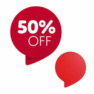 Red circular speech bubble tag with white text reading 50 percent off alongside a blank red speech bubble pin isolated on a white background