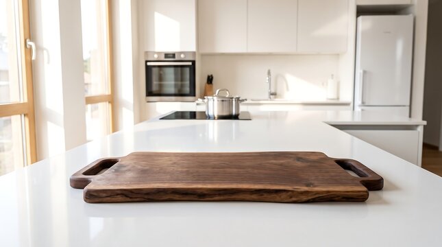 Empty wooden cutting board on white kitchen island countertop in bright modern minimalist home interior background space