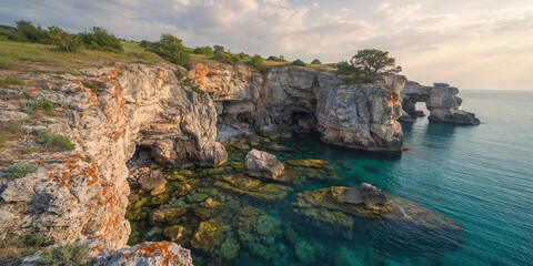 Naklejka premium A scenic coastal landscape featuring rocky cliffs, natural sea arches, turquoise shallow water, and lush vegetation under a partly cloudy sky.