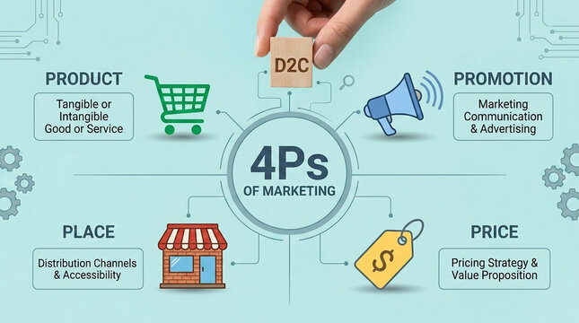 Visual representation of the 4 Ps of marketing: Product, Place, Promotion, and Price, symbolizing business strategy and development
