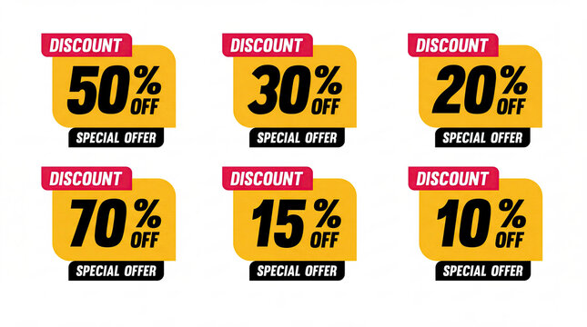 Set of six yellow promotional sale tags with various percentage discounts from 10 to 70 percent off and text special offer isolated on a white background