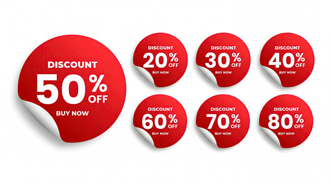 Set of red circular peeling stickers with white text reading discount buy now and percentage values from 20 to 80 percent off isolated on a white background