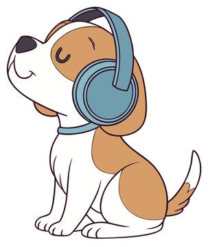 The Beagle puppy is listening to music through a speaker.