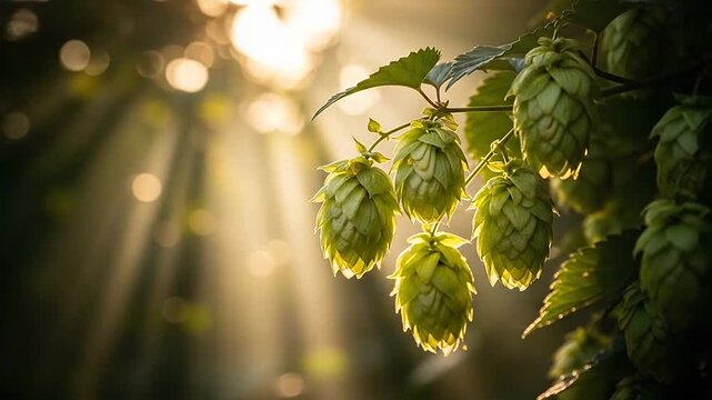 Fresh green hop cones hanging on a vine in the warm golden sunlight