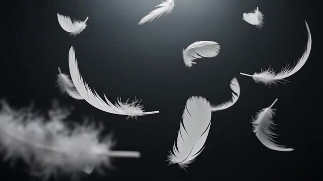 Multiple white feathers floating gracefully against a dark background