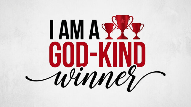 Red trophy graphic with text "I AM A GOD-KIND WINNER" on textured white, symbolizing achievement and divine favor.