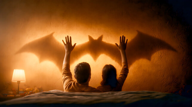 Parent and Child Making Bat Shadow Puppets on Bedroom Wall