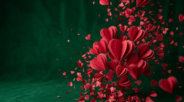 Red paper hearts floating on a dark green background, symbolizing love, romance and Valentine's Day, perfect for celebrations and expressions of affection