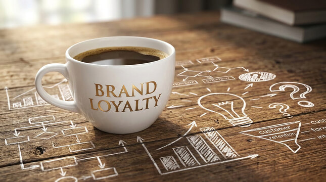 White coffee cup with gold text "BRAND LOYALTY" on a wooden surface with business strategy drawings, symbolizing business growth and customer retention