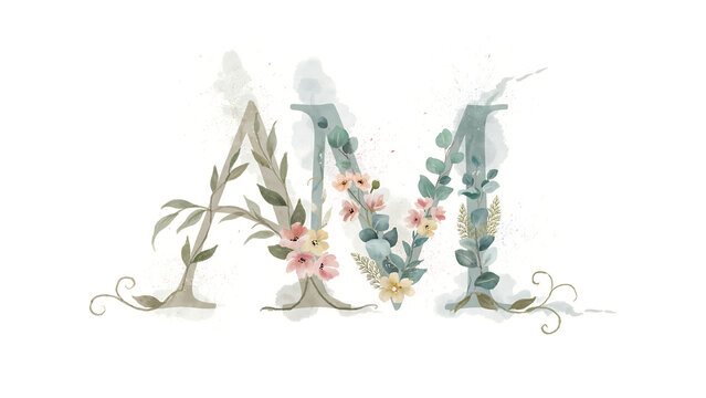 Watercolor letters a and m decorated with soft pastel flowers and leaves isolated on a transparent background