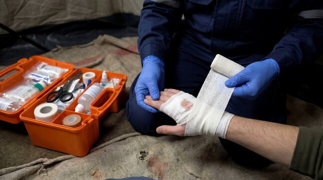 pressure bandage bleeding paramedic injury emergency care patient hands trauma capturing quiet confidence with emergency care paramedic wrapping clean pressure detail shows a clean pressure bandage