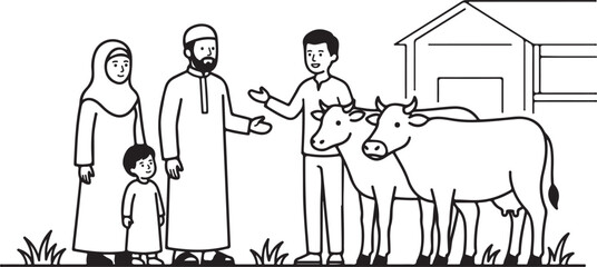 Obraz premium Family teaching boy about cows in a rural setting with simple house isolated on transparent background, Vector