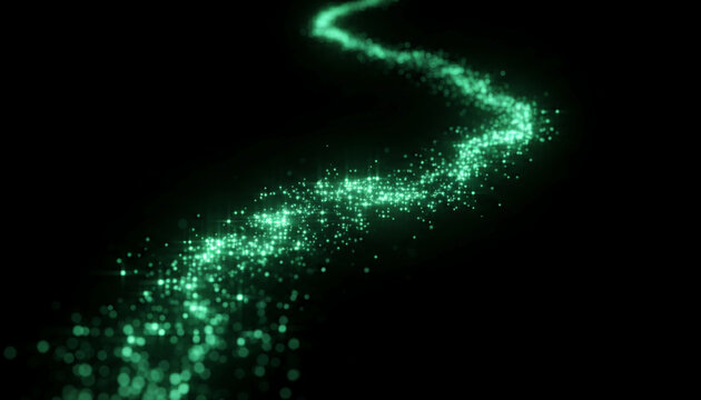 Glowing green particles flow in a curve against a black background, symbolizing energy, movement, and digital trails
