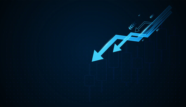 Light blue downward arrows illustrate a declining Finance market, representing falling trends, decreasing investment performance, and changing business conditions