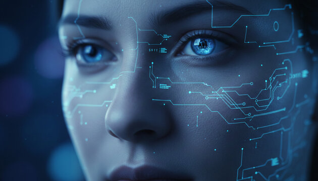 Close-up of a woman's face with glowing blue digital circuits overlaid, symbolizing future technology, artificial intelligence, and data connection