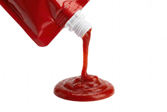 Red tomato sauce pouring from a flexible plastic pouch with a white screw cap