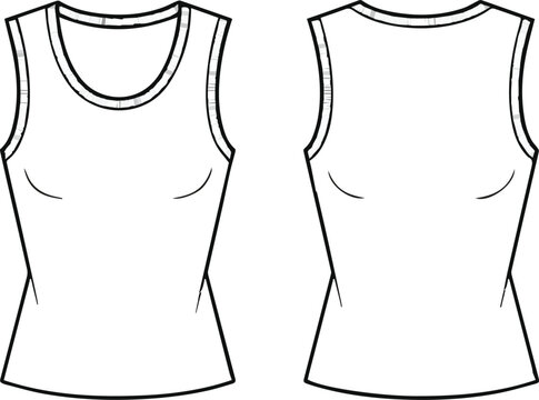sleeveless top flat sketch technical fashion drawing front back view