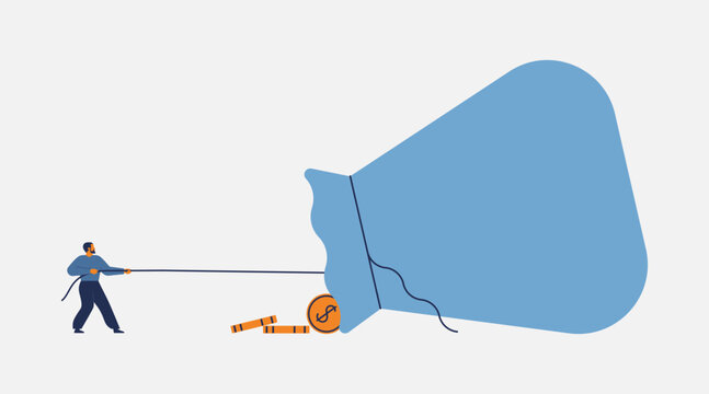 Businessman on a rope pulls a huge heavy bag of money. Greed, wealth , corruption, crime concept. vector illustration
