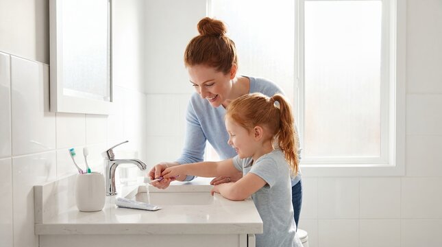 family bath time child hygiene parenting bathroom care mother routine presented with warm clarity with caucasian mother red bun teaching daughter detail shows a mother sharing a gentle child hygiene