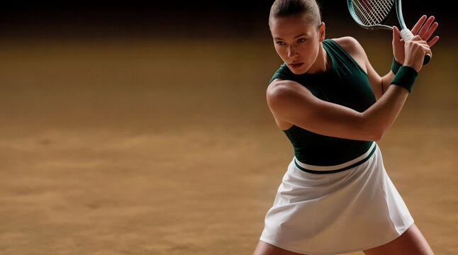 Focused Female Tennis Player Preparing a Powerful Backhand Stroke on a Professional Clay Court in a Moody Cinematic Setting