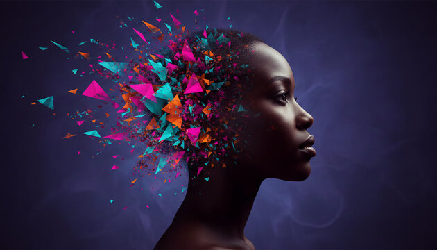Profile of a dark-skinned person with colorful geometric shapes exploding from their head, symbolizing creativity, transformation, and the power of thought