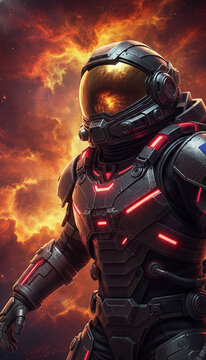 Futuristic astronaut in a detailed suit against a fiery cosmic background, representing exploration, technology, and the unknown.