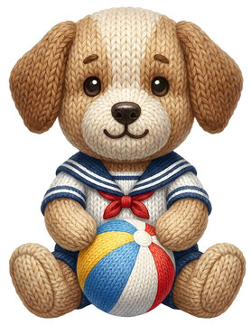 Charming knitted sailor dog sitting with beach ball on a transparent background brings a cozy summer vacation mood, beautifully crafted in a delightful handmade crochet yarn texture