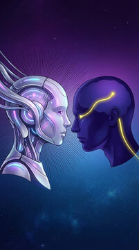 Profile view of a robotic head facing a human-like head, connected by glowing lines, symbolizing intelligence, future, and connection, set against a starry sky