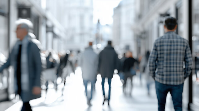 Blurred people walking down a bright city shopping street with a man in a plaid shirt in focus from behind.