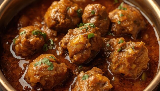 close up of mutton curry in the traditional bowl