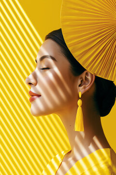 Stunning profile portrait of a beautiful woman in a yellow dress and matching headpiece with artistic shadows from blinds on her face.