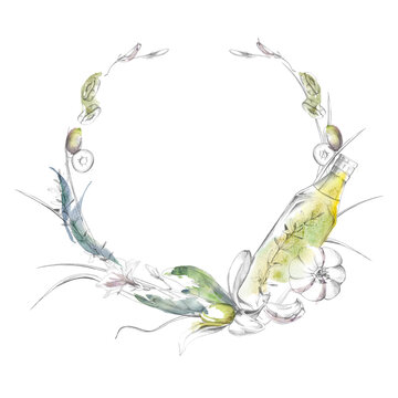 Mediterranean olive oil wreath with bottle, leaves and fruit, herbs. Hand drawn pencil and watercolor illustration. Gourmet logos, restaurant branding, culinary certificates, specialty packaging.