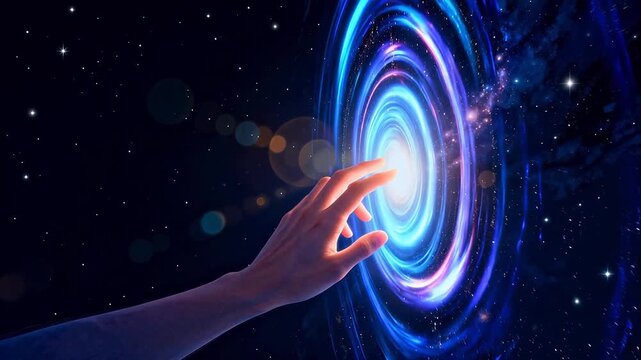 Hand reaching for galaxy in space