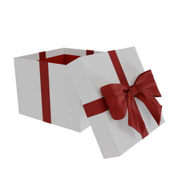 3D render of an open white gift box with a red ribbon and bow, minimalist empty present box for Christmas, birthday, celebration, and holiday design template