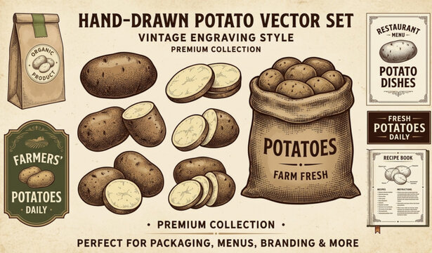 Hand-Drawn Potato Vector Set &ndash; Vintage Potato Sketch Collection with Whole, Sliced & Sack Potatoes