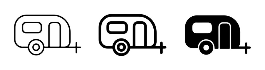 Caravan Icons, Travel Trailer Symbols, Camping Vehicle Graphics. Set of 3 stylized caravan illustrations in outline and solid black for travel and leisure themes. © Sadia