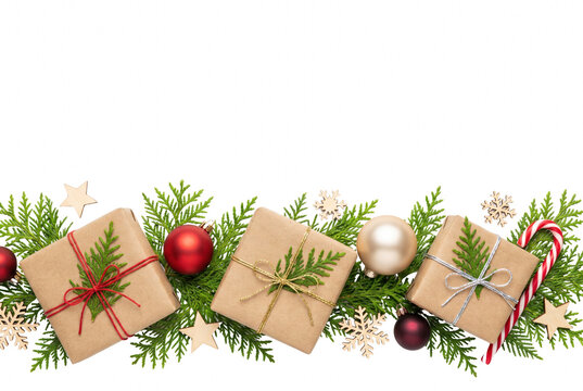 Festive Holiday Arrangement with Gift Boxes and Evergreen Sprigs