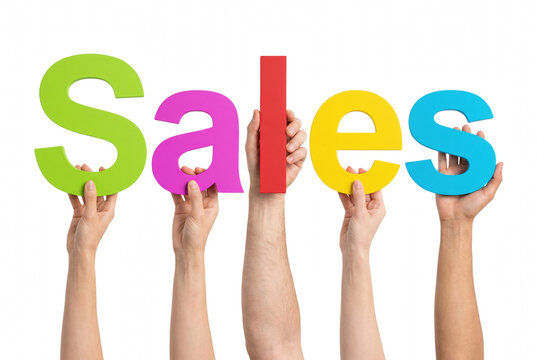 Colorful Letters Spelling Sales Held Up By Many Hands