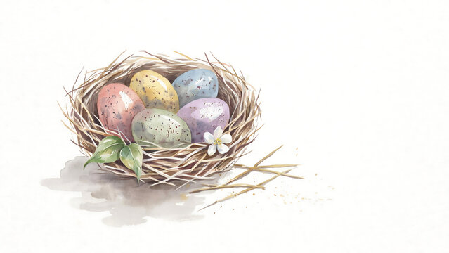 Watercolor of speckled easter eggs in a straw nest isolated on a transparent background