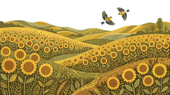 Sunflower field, yellow flowers, landscape illustration, vector border