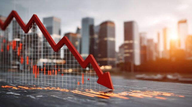 Dramatic Downward Trend in Financial Market with Urban Skyline in Background During Sunset, Illustrating Economic Decline and Market Fluctuation