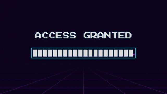 Retro 80s Synthwave Loading Screen with Initializing System Text, Pixel Art Progress Bar at 18 Percent on Neon Grid Background