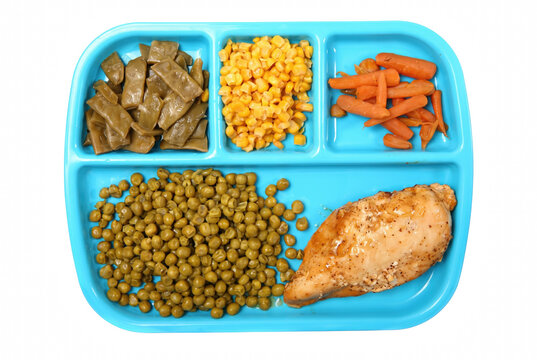 Healthy Meal with Roasted Chicken Breast and Assorted Vegetables on Blue Compartment Tray