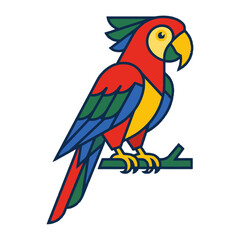Fototapeta premium Stained Glass Style Vector Illustration Featuring A Vibrant Tropical Macaw Parrot Perched Upon A Simple Tree Branch