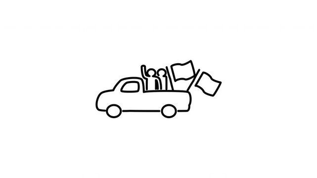 Minimalist outline animation of a festive holiday parade vehicle truck decorated with flags drawing on and fading out. Features a clean pop up style in 3 color setups.