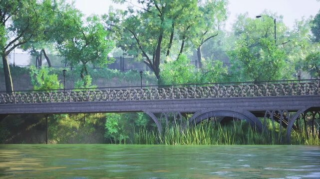 Bridge silhouette over still river dusk sky casts cool shadows among trees, long reflections ripple across surface, tranquil late afternoon to evening
