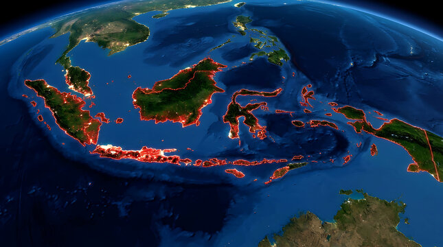Glowing red borders outlining the Indonesian archipelago on a 3D Earth globe showing bright city night lights and deep blue oceans