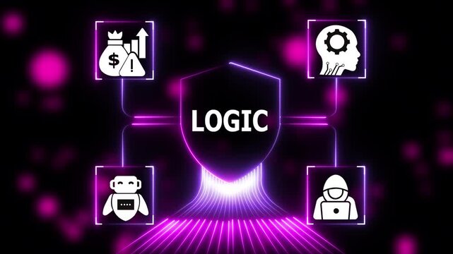 Artificial intelligence logic concept with neon cyber shield and digital for business technology and data security analytics motion background